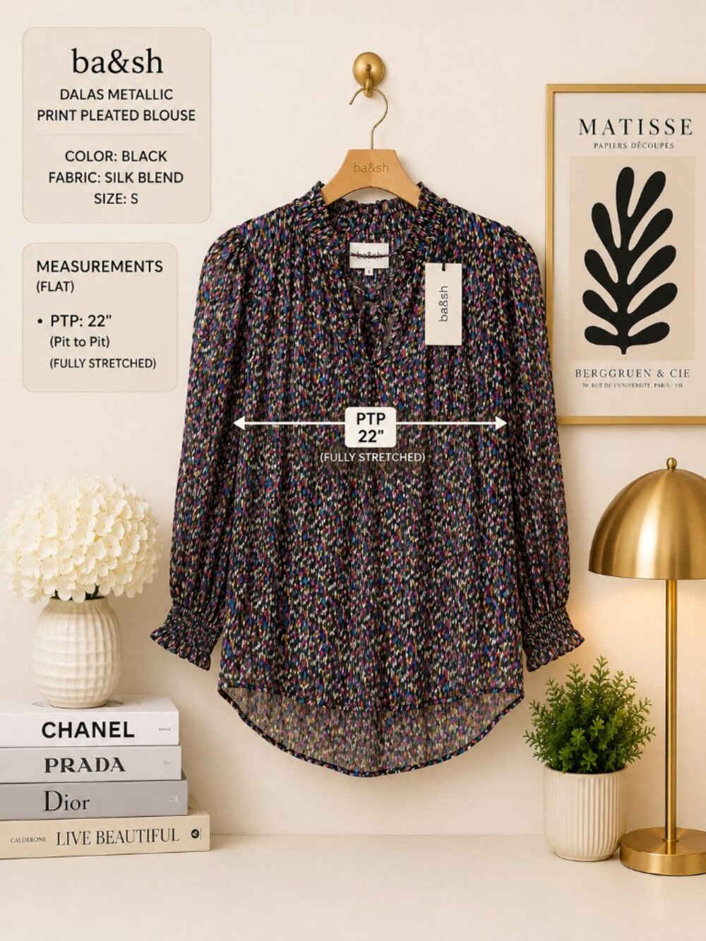 ba&sh Dalas Metallic Silk Blend Peasant Blouse Black Pleated Size S NWT - Picture 9 of 9